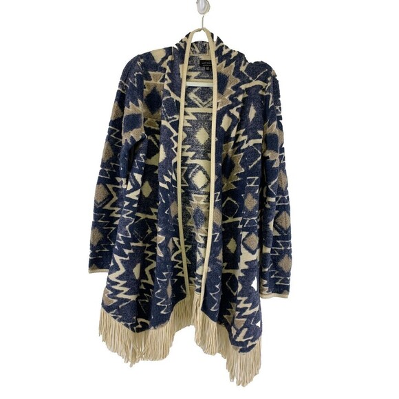 Lucky Brand Sweaters - Lucky Brand Blue Tan Open Cardigan Fringe Trim Tribal Pattern Lightweight Large